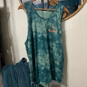 Teal Tie-Dye Tank Top with Aloha Print